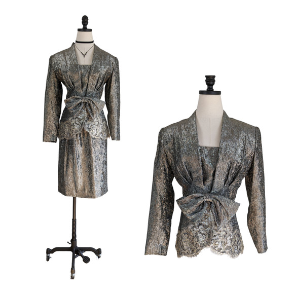 Victor Costa Vintage Suit Set Blazer Skirt Bow 80s Metallic Gold Bow Lace USA 4 - Picture 1 of 16